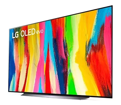 TV 4K LG OLED C2 com bordas muito finas e pretas, base de apoio única, com proteção de tela ativa