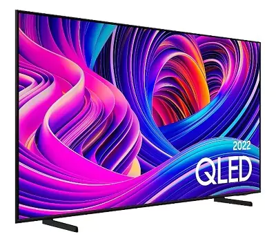 TV 4K Samsung QLED Q60B com bordas finas e pretas, dois pés de apoio e proteção de com ondas azuis