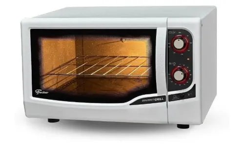 Forno elétrico grande todo branco, com dois manípulos e lâmpada interna