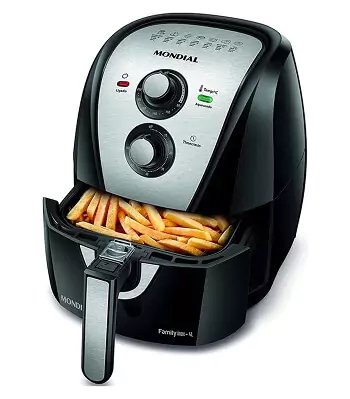 Fritadeira Air Fryer com base larga e retangular, com painel inox e laterais pretas