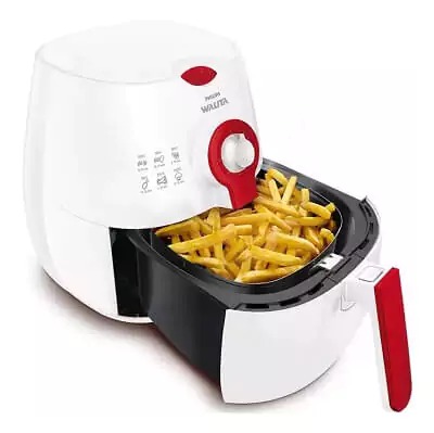 Fritadeira Air Fryer redonda e estreita, toda na cor branca com detalhes em vermelho e somente um botão analógico