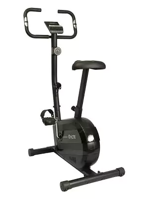 Bicicleta Ergométrica Acte Sports E23 vertical alta, com base arredondada, visor grande e apoio com sensor de batimentos.