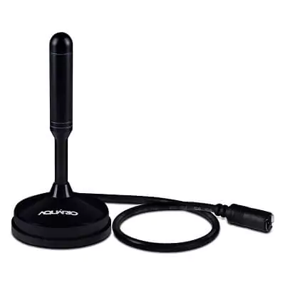 Antena Digital Interna Aquario DTV-100 em formato de bastão com base redonda e cabo coaxial ao lado.