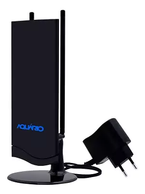 Antena Digital Interna Aquario DTV-4600 com base redonda, corpo largo na vertical, duas antenas plásticas