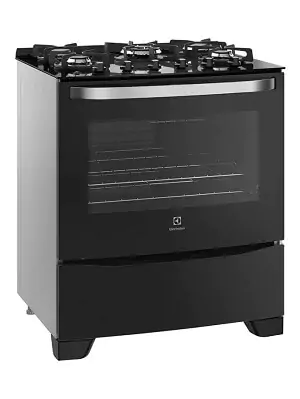 Fogão 5 bocas Electrolux 76GS com mesa de vidro preto temperado, laterais pretas, vidro preto frontal e puxador em inox.