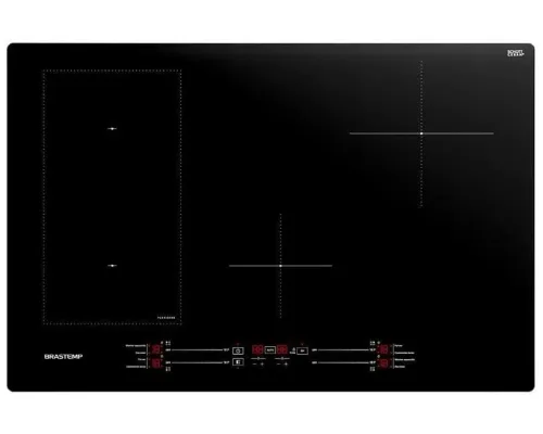 Fogão de indução de 4 zonas com grafismos em cruz, sendo 2 zonas reversíveis para 1