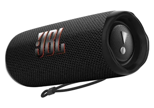 Caixa de som bluetooth cilíndrica, de tamanho médio. toda preta com a logo JBL no meio