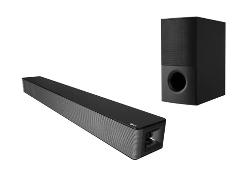 Soundbar retangular grande com falante superior e subwoofer alto