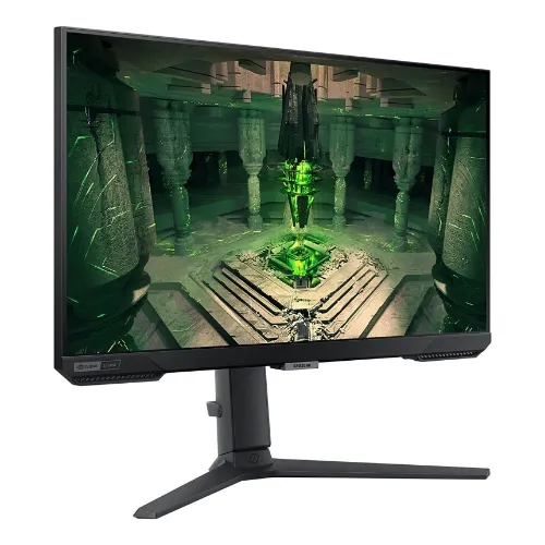 Monitor gamer com bordas finas pretas com base em formato de bumerangue