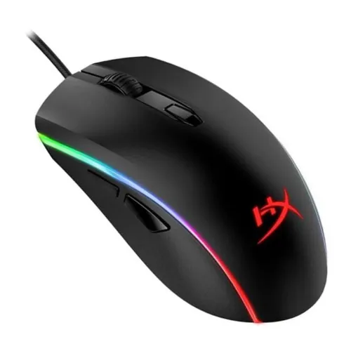 Mouse gaming arredondado preto com linhas RGB laterais e no centro