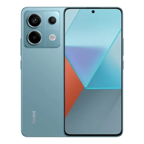 Celular Xiaomi estreito e alto da cor azul clara com 2 câmeras grandes e 1 pequena