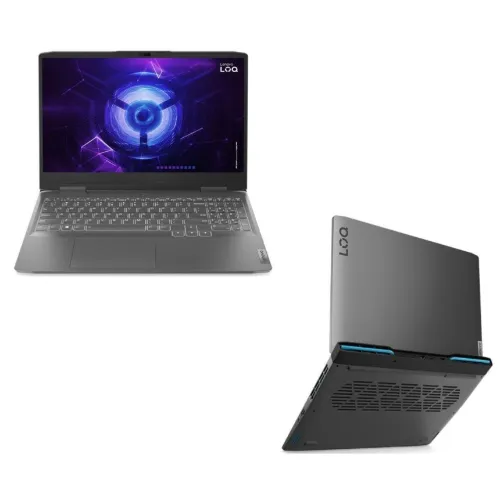 Notebook gamer com frente e traseira cinzas e teclado cinza