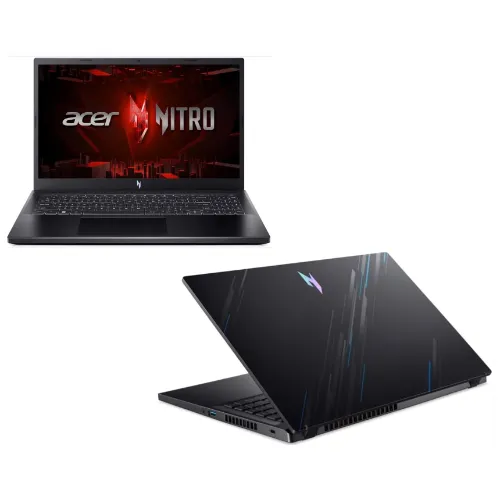 Notebook gamer com frente preta, traseira preta com detalhes azuis e teclado preto