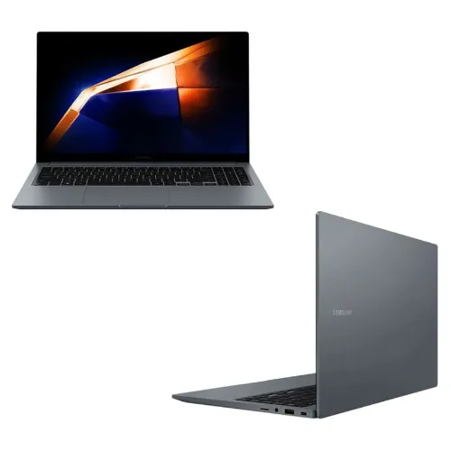 Notebook Samsung com frente cinza, teclado preto, e traseira cinza fosca