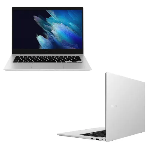 Notebook da Samsung com frente e traseira prata e teclado preto