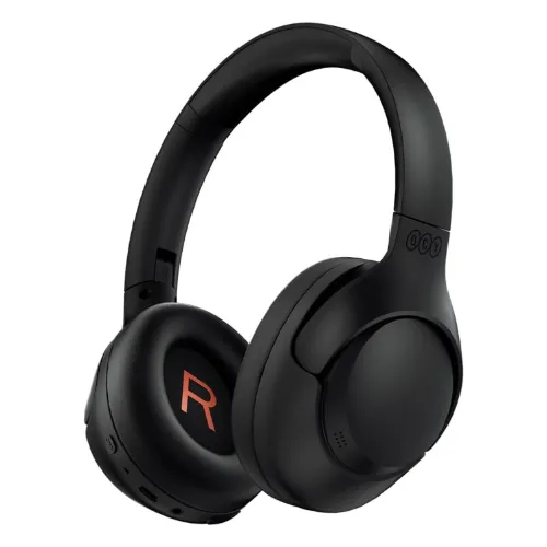 Fone noise cancelling do tipo over-ear preto com almofadas grandes e colar grande