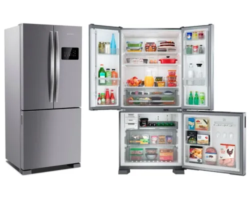 Geladeira invertida side by side cor inox com painel preto horizontal direito